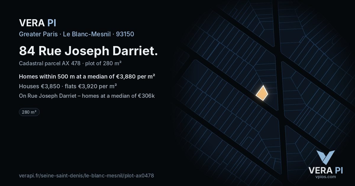 84 Rue Joseph Darriet, Le Blanc-Mesnil at night – the plot lit, the parcels around coloured by the prices near them