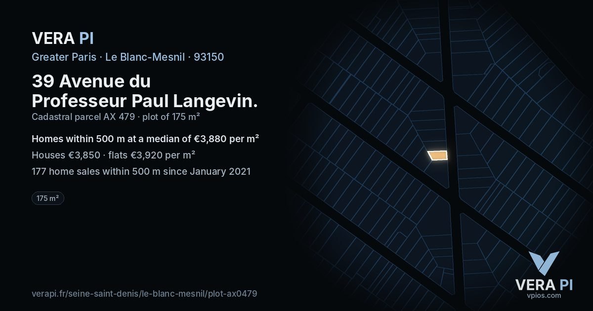 39 Avenue du Professeur Paul Langevin, Le Blanc-Mesnil at night – the plot lit, the parcels around coloured by the prices near them