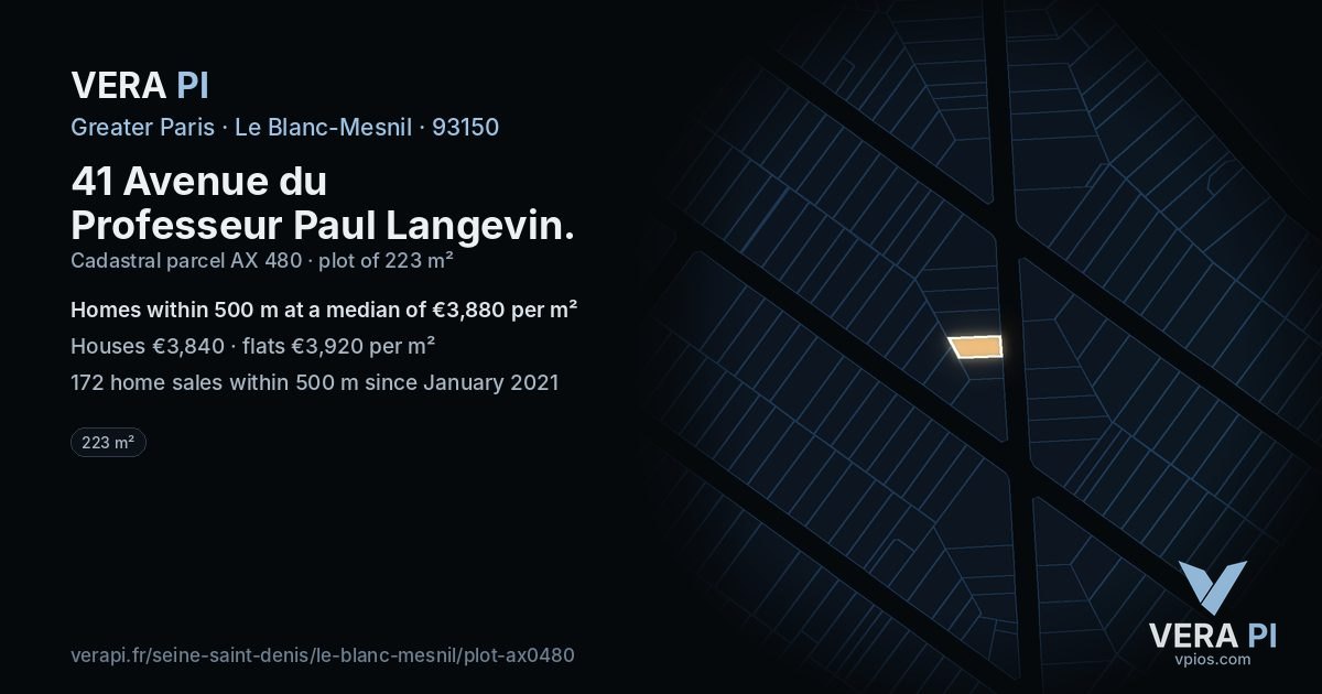 41 Avenue du Professeur Paul Langevin, Le Blanc-Mesnil at night – the plot lit, the parcels around coloured by the prices near them