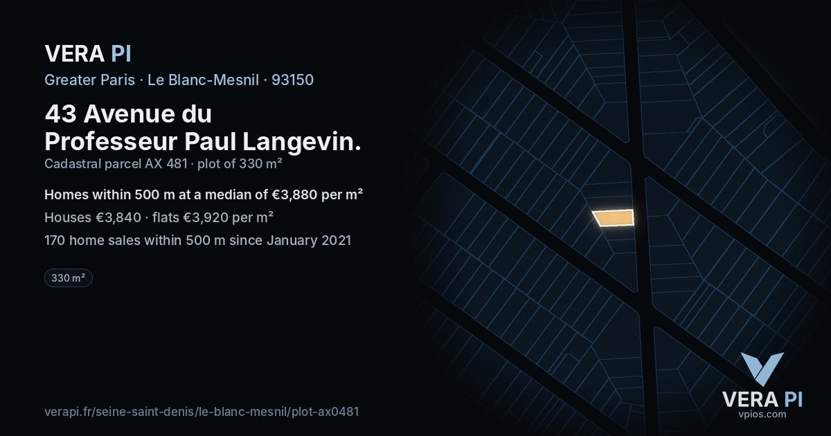 43 Avenue du Professeur Paul Langevin, Le Blanc-Mesnil at night – the plot lit, the parcels around coloured by the prices near them