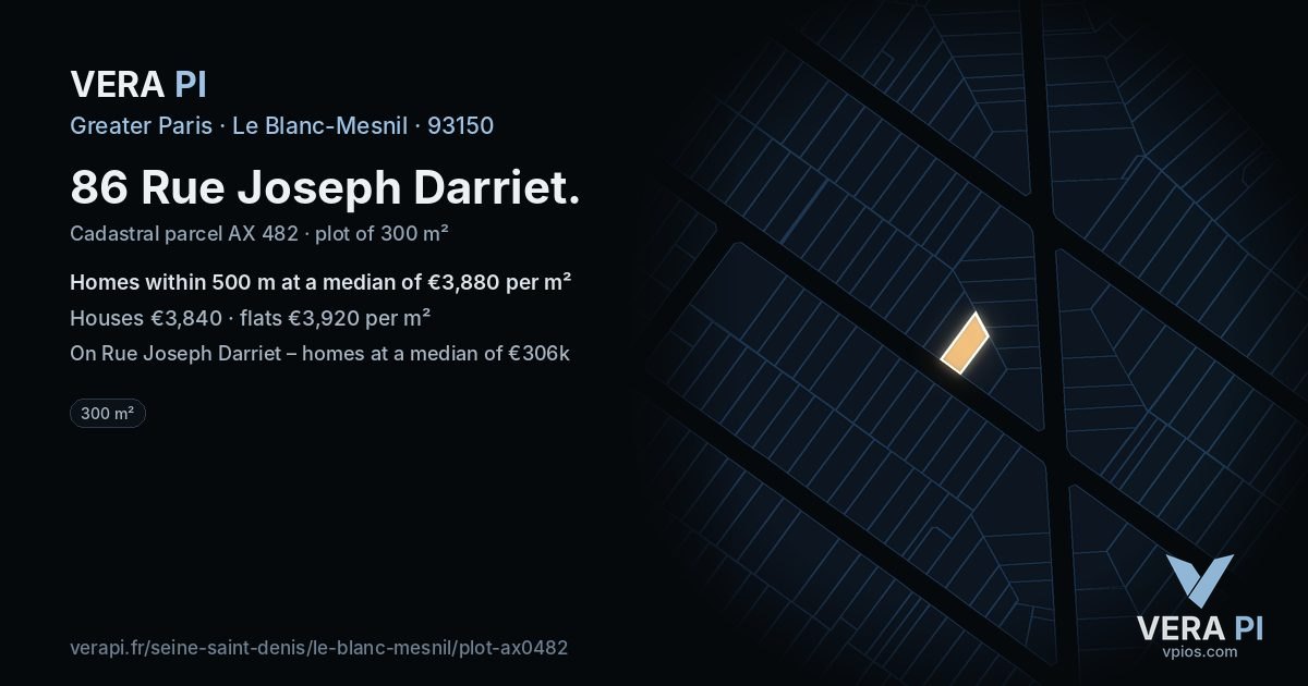 86 Rue Joseph Darriet, Le Blanc-Mesnil at night – the plot lit, the parcels around coloured by the prices near them