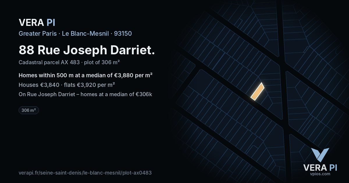 88 Rue Joseph Darriet, Le Blanc-Mesnil at night – the plot lit, the parcels around coloured by the prices near them
