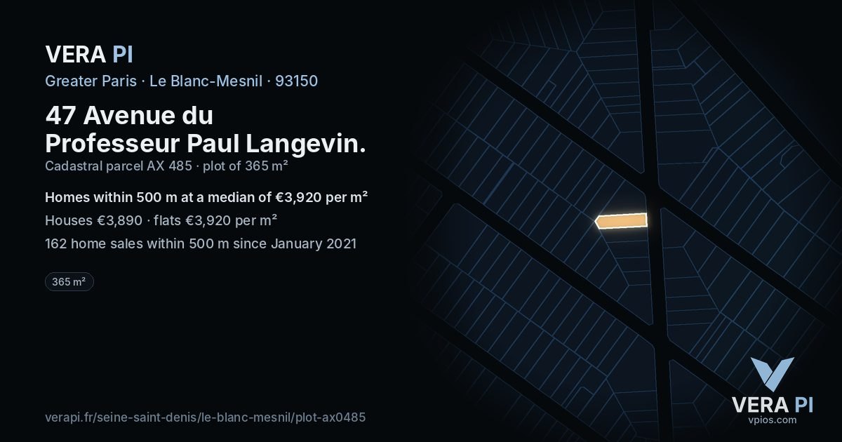 47 Avenue du Professeur Paul Langevin, Le Blanc-Mesnil at night – the plot lit, the parcels around coloured by the prices near them