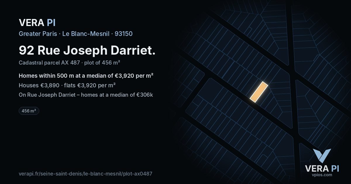92 Rue Joseph Darriet, Le Blanc-Mesnil at night – the plot lit, the parcels around coloured by the prices near them