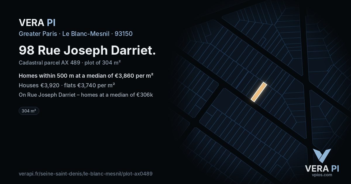 98 Rue Joseph Darriet, Le Blanc-Mesnil at night – the plot lit, the parcels around coloured by the prices near them