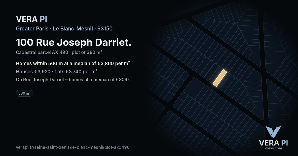 100 Rue Joseph Darriet, Le Blanc-Mesnil at night – the plot lit, the parcels around coloured by the prices near them