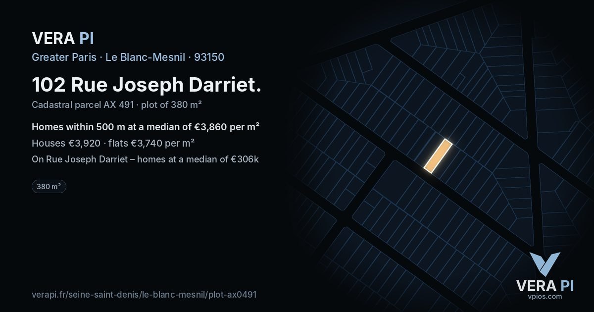 102 Rue Joseph Darriet, Le Blanc-Mesnil at night – the plot lit, the parcels around coloured by the prices near them