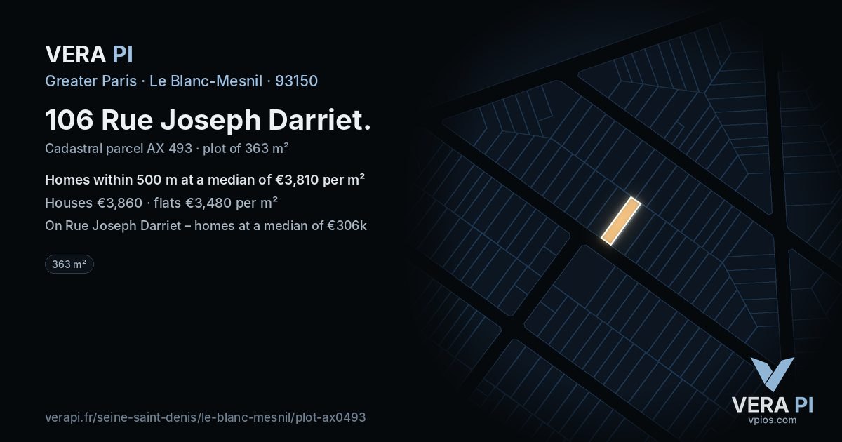 106 Rue Joseph Darriet, Le Blanc-Mesnil at night – the plot lit, the parcels around coloured by the prices near them