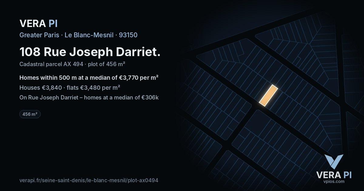 108 Rue Joseph Darriet, Le Blanc-Mesnil at night – the plot lit, the parcels around coloured by the prices near them