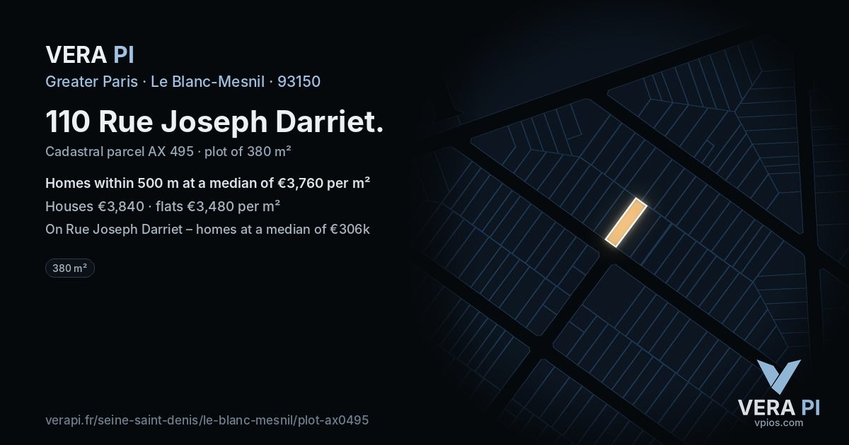 110 Rue Joseph Darriet, Le Blanc-Mesnil at night – the plot lit, the parcels around coloured by the prices near them