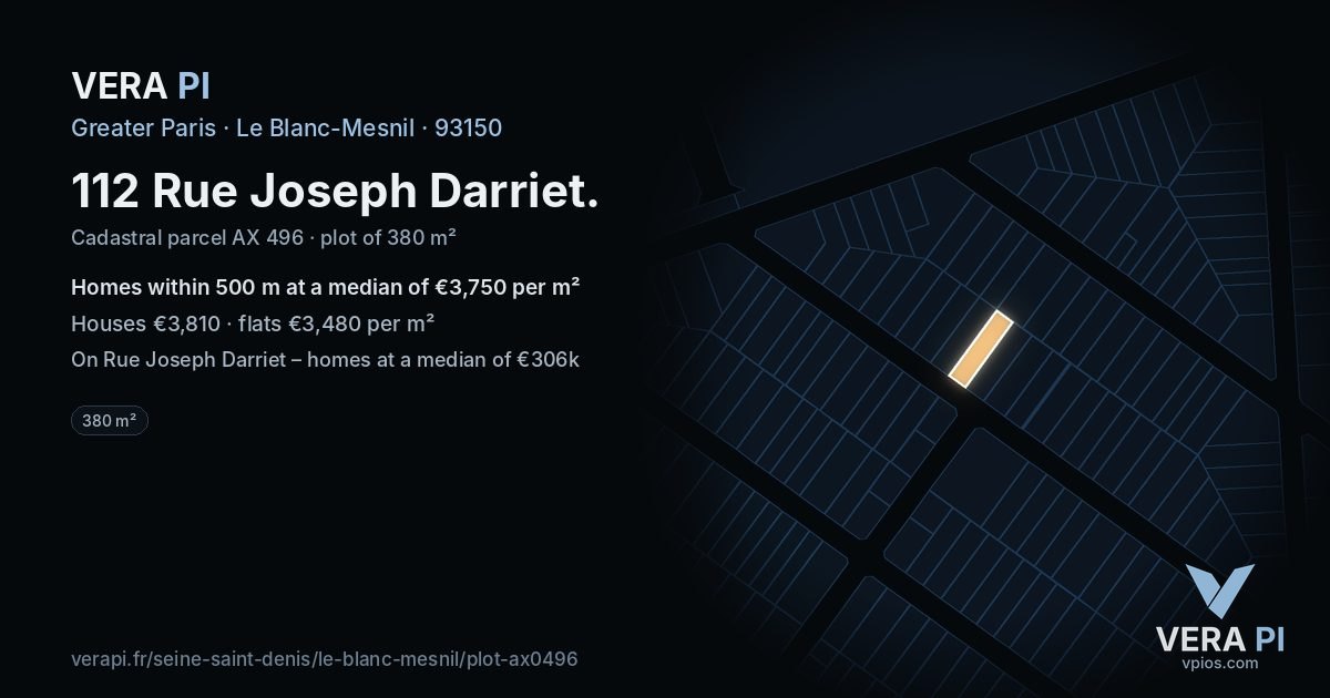 112 Rue Joseph Darriet, Le Blanc-Mesnil at night – the plot lit, the parcels around coloured by the prices near them