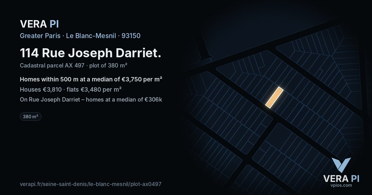 114 Rue Joseph Darriet, Le Blanc-Mesnil at night – the plot lit, the parcels around coloured by the prices near them