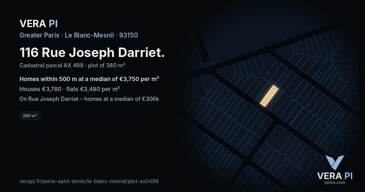 116 Rue Joseph Darriet, Le Blanc-Mesnil at night – the plot lit, the parcels around coloured by the prices near them