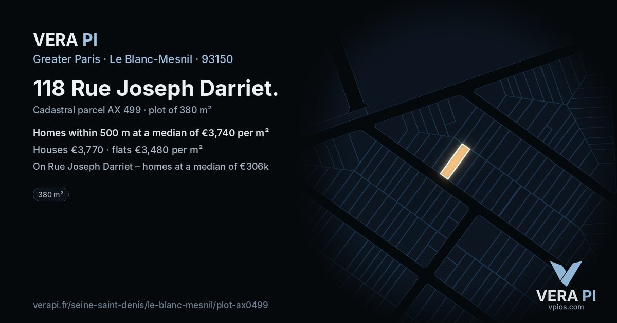 118 Rue Joseph Darriet, Le Blanc-Mesnil at night – the plot lit, the parcels around coloured by the prices near them