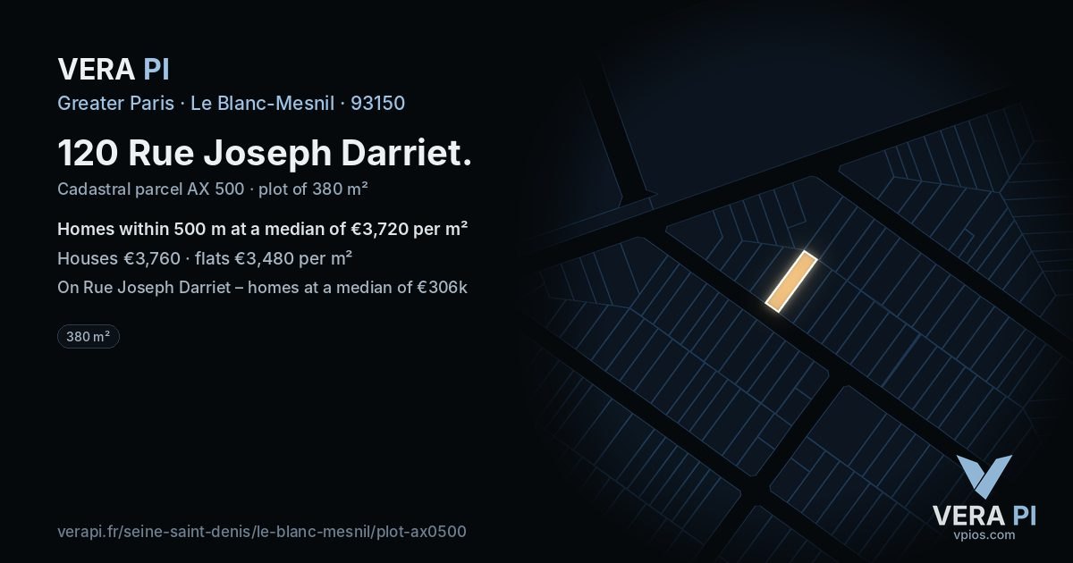120 Rue Joseph Darriet, Le Blanc-Mesnil at night – the plot lit, the parcels around coloured by the prices near them