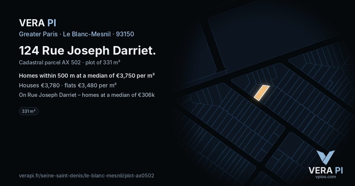 124 Rue Joseph Darriet, Le Blanc-Mesnil at night – the plot lit, the parcels around coloured by the prices near them