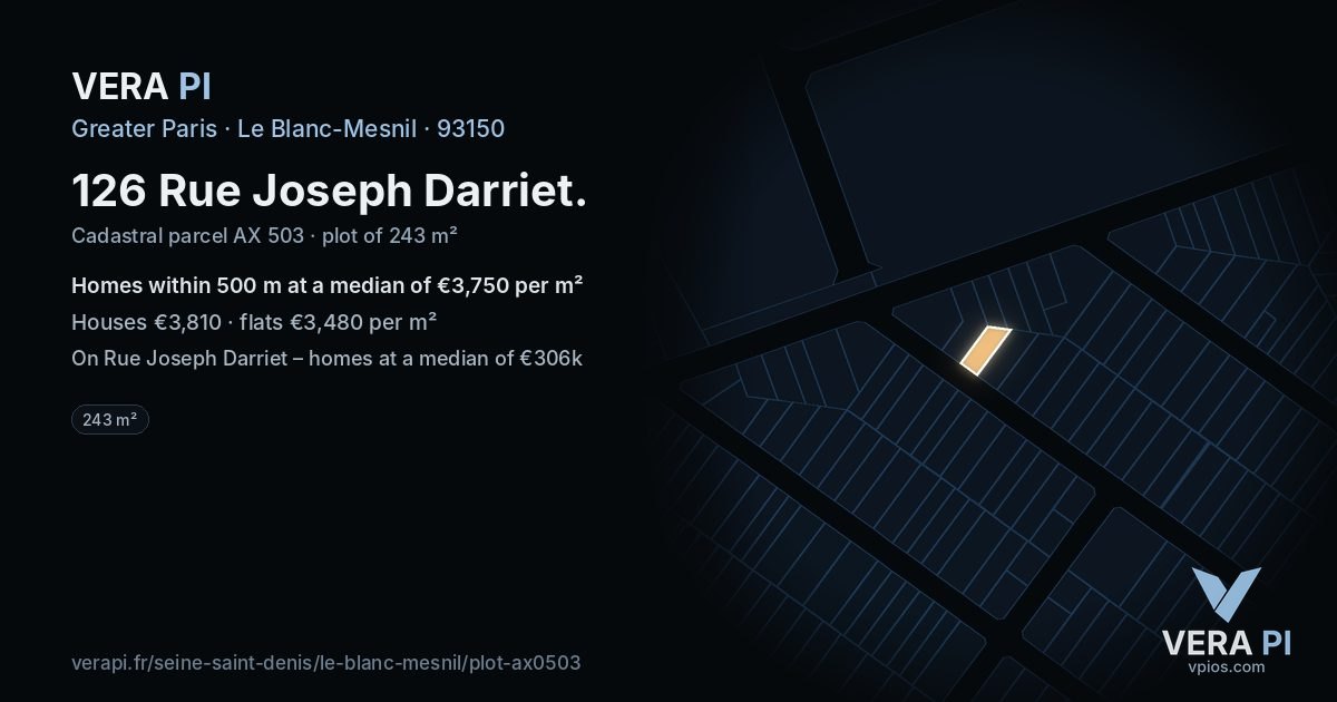 126 Rue Joseph Darriet, Le Blanc-Mesnil at night – the plot lit, the parcels around coloured by the prices near them