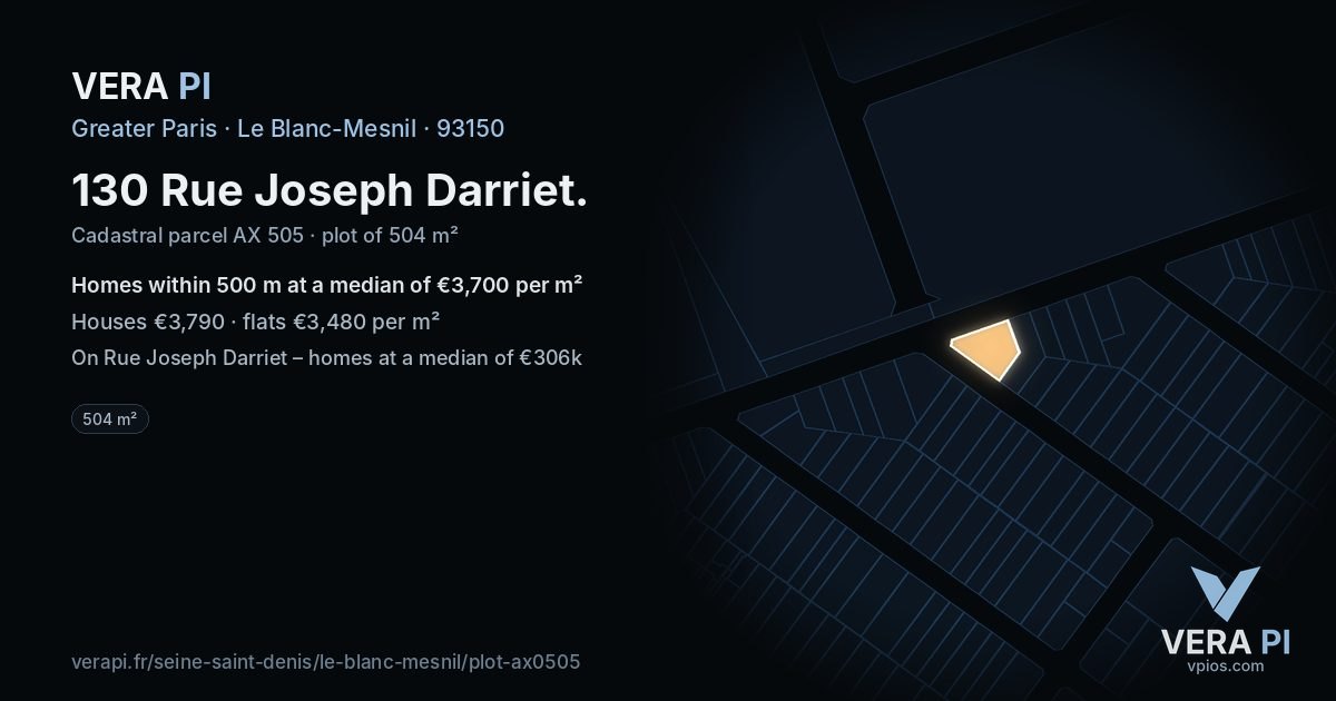 130 Rue Joseph Darriet, Le Blanc-Mesnil at night – the plot lit, the parcels around coloured by the prices near them