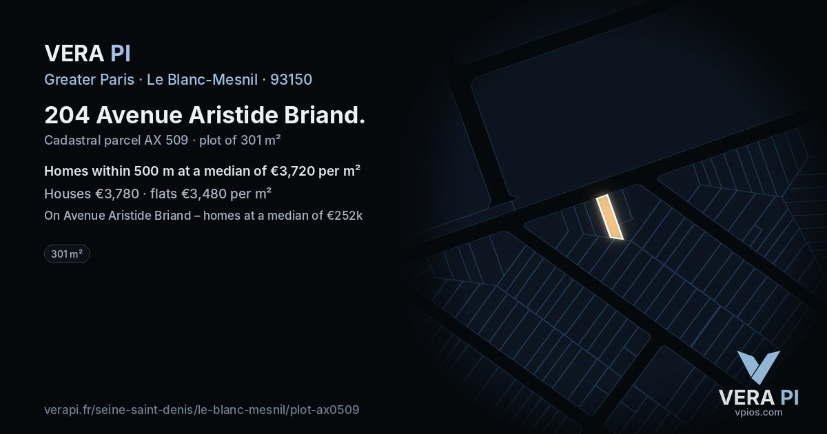 204 Avenue Aristide Briand, Le Blanc-Mesnil at night – the plot lit, the parcels around coloured by the prices near them