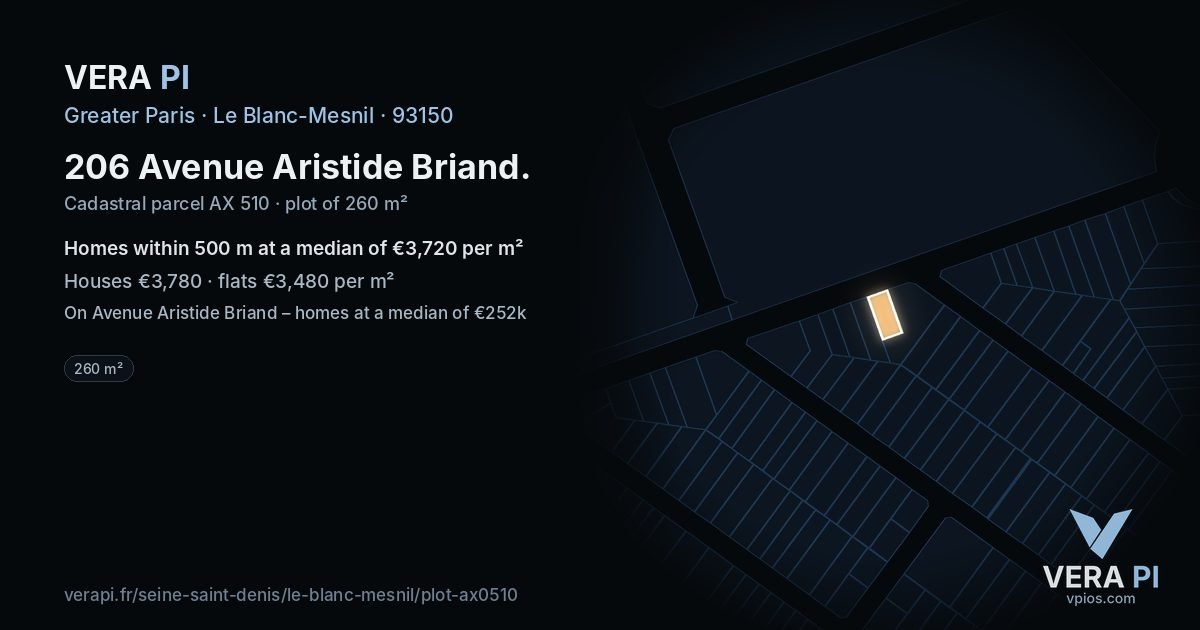 206 Avenue Aristide Briand, Le Blanc-Mesnil at night – the plot lit, the parcels around coloured by the prices near them