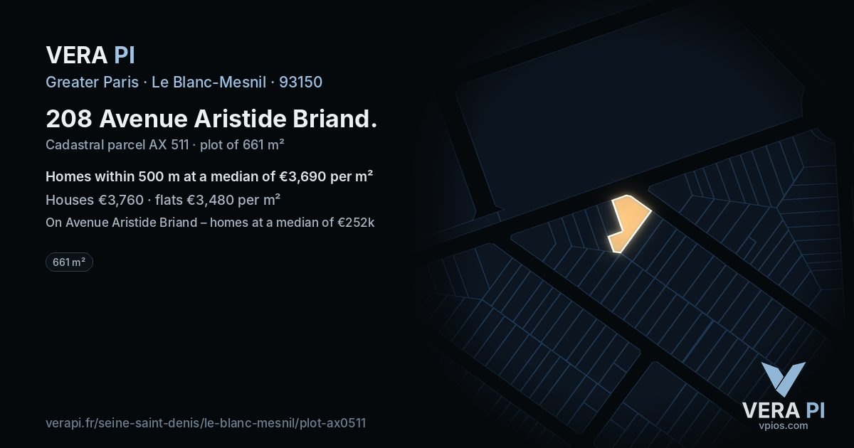 208 Avenue Aristide Briand, Le Blanc-Mesnil at night – the plot lit, the parcels around coloured by the prices near them