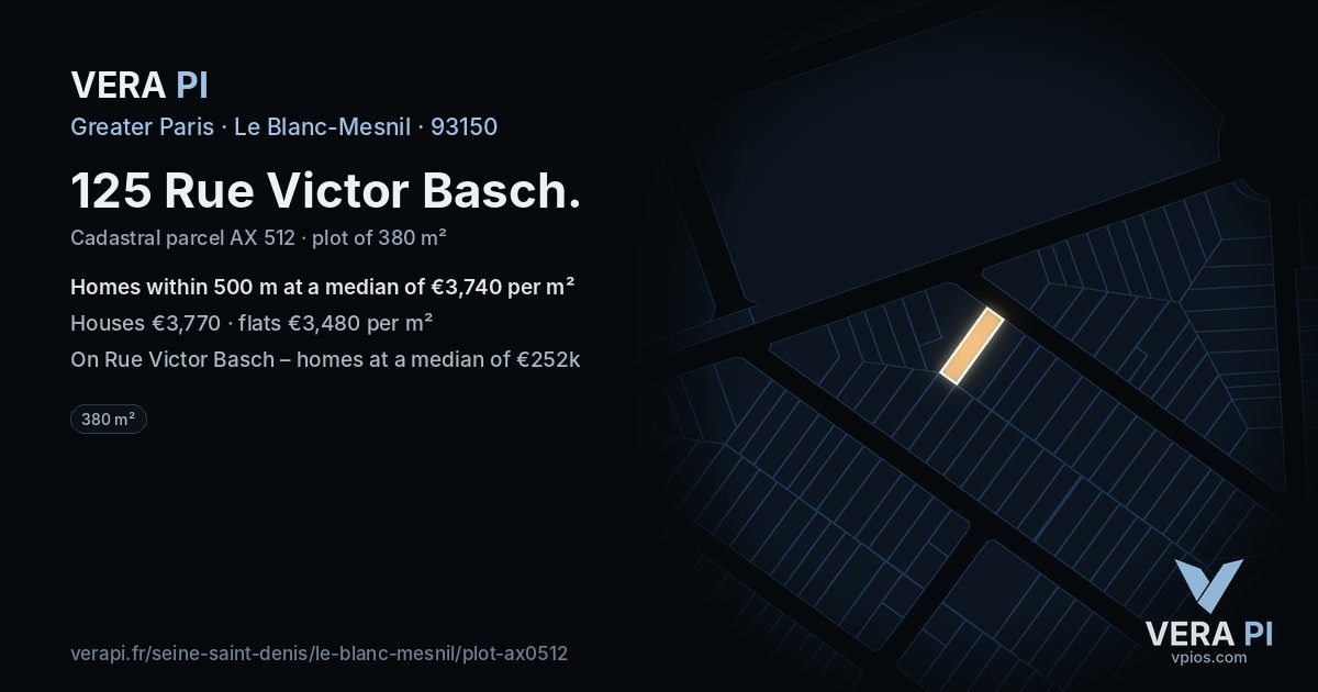 125 Rue Victor Basch, Le Blanc-Mesnil at night – the plot lit, the parcels around coloured by the prices near them