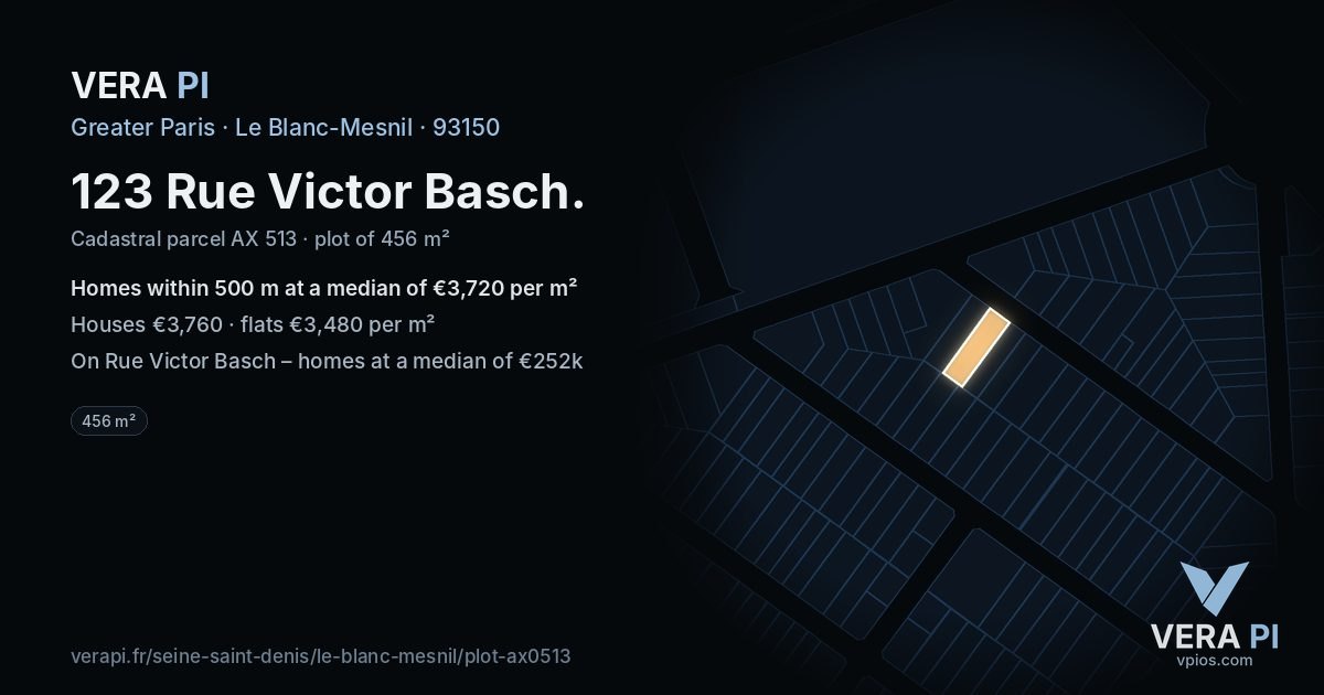 123 Rue Victor Basch, Le Blanc-Mesnil at night – the plot lit, the parcels around coloured by the prices near them