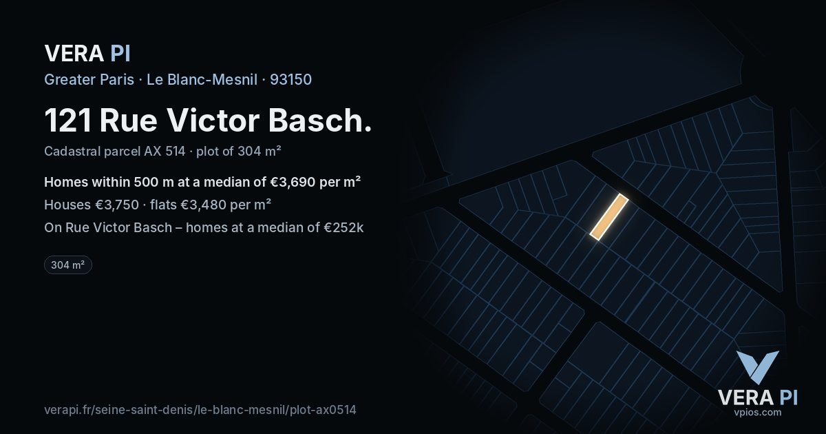121 Rue Victor Basch, Le Blanc-Mesnil at night – the plot lit, the parcels around coloured by the prices near them