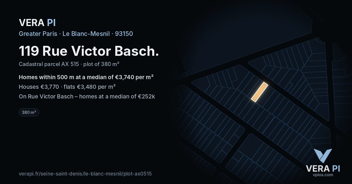 119 Rue Victor Basch, Le Blanc-Mesnil at night – the plot lit, the parcels around coloured by the prices near them