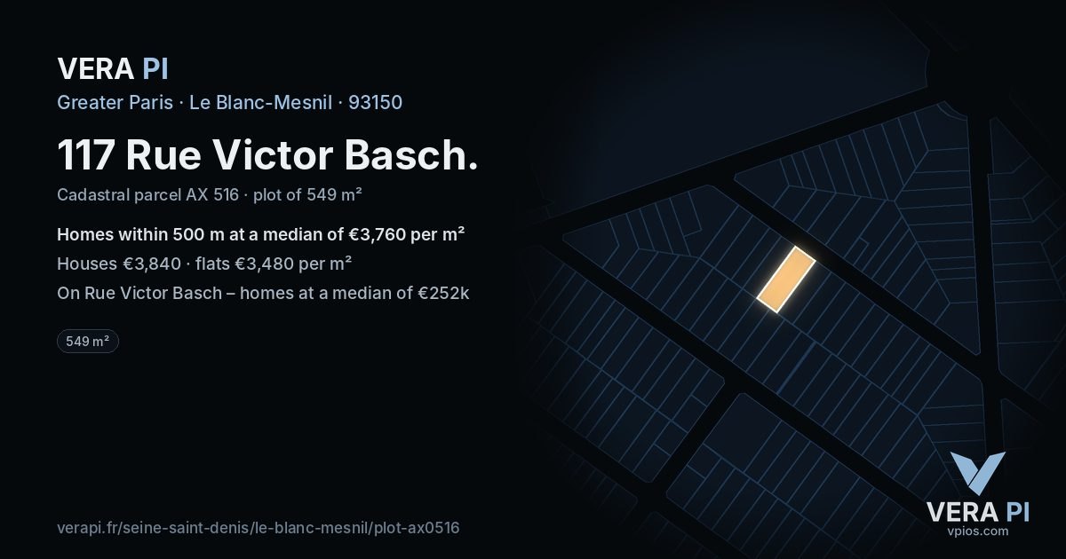 117 Rue Victor Basch, Le Blanc-Mesnil at night – the plot lit, the parcels around coloured by the prices near them