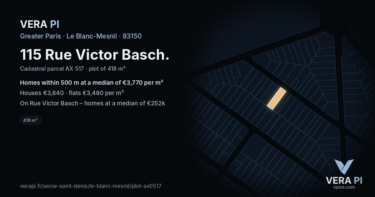 115 Rue Victor Basch, Le Blanc-Mesnil at night – the plot lit, the parcels around coloured by the prices near them