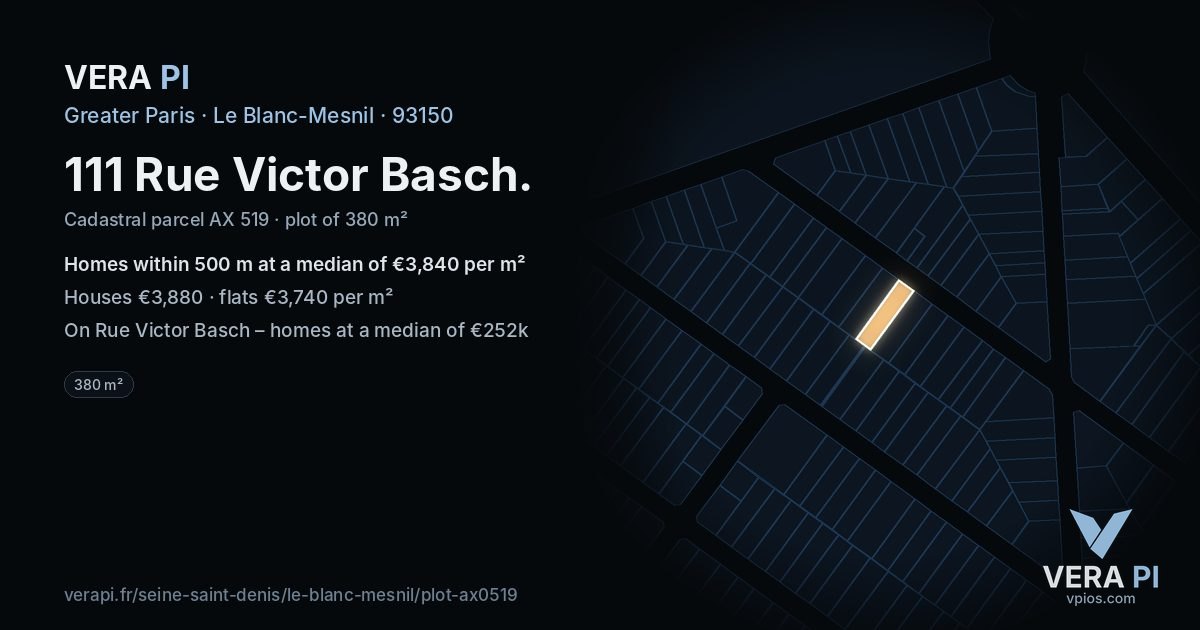 111 Rue Victor Basch, Le Blanc-Mesnil at night – the plot lit, the parcels around coloured by the prices near them