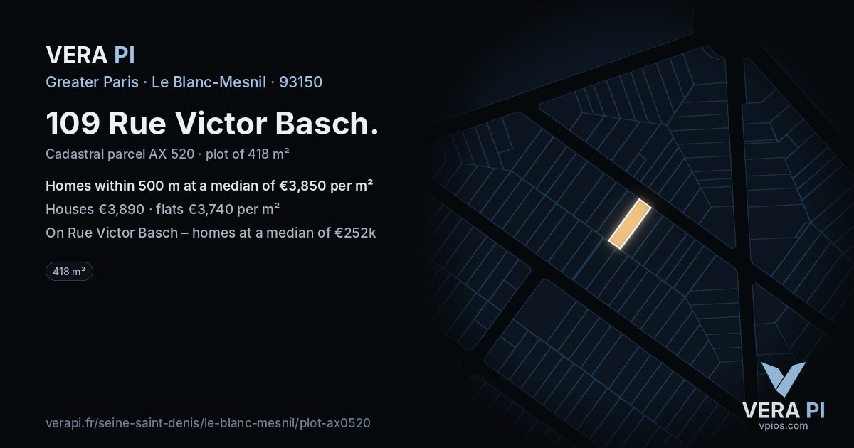 109 Rue Victor Basch, Le Blanc-Mesnil at night – the plot lit, the parcels around coloured by the prices near them