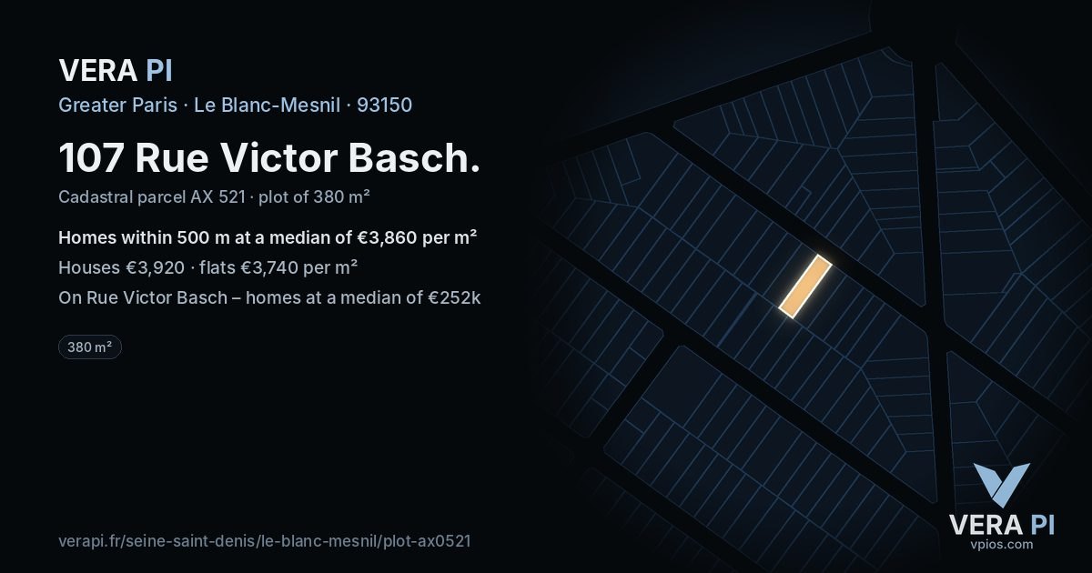 107 Rue Victor Basch, Le Blanc-Mesnil at night – the plot lit, the parcels around coloured by the prices near them