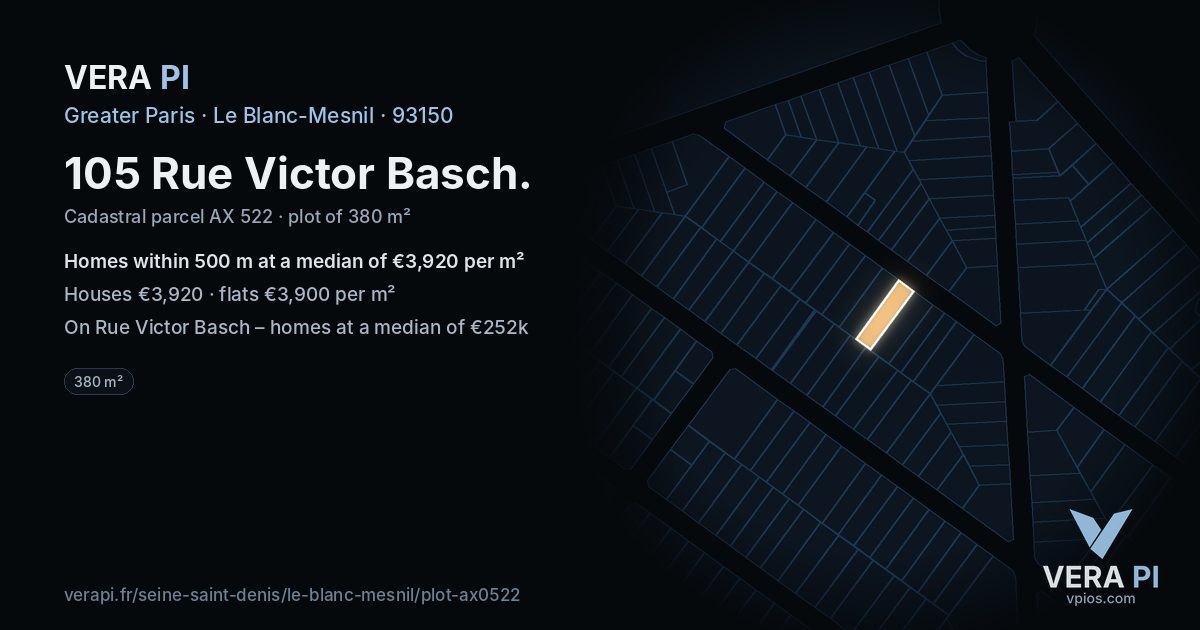 105 Rue Victor Basch, Le Blanc-Mesnil at night – the plot lit, the parcels around coloured by the prices near them