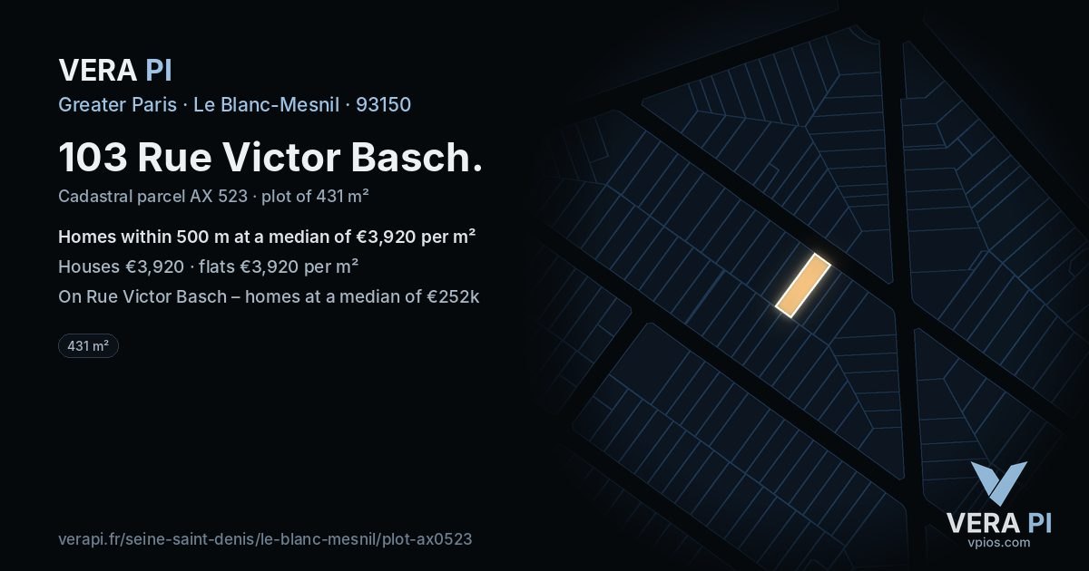 103 Rue Victor Basch, Le Blanc-Mesnil at night – the plot lit, the parcels around coloured by the prices near them