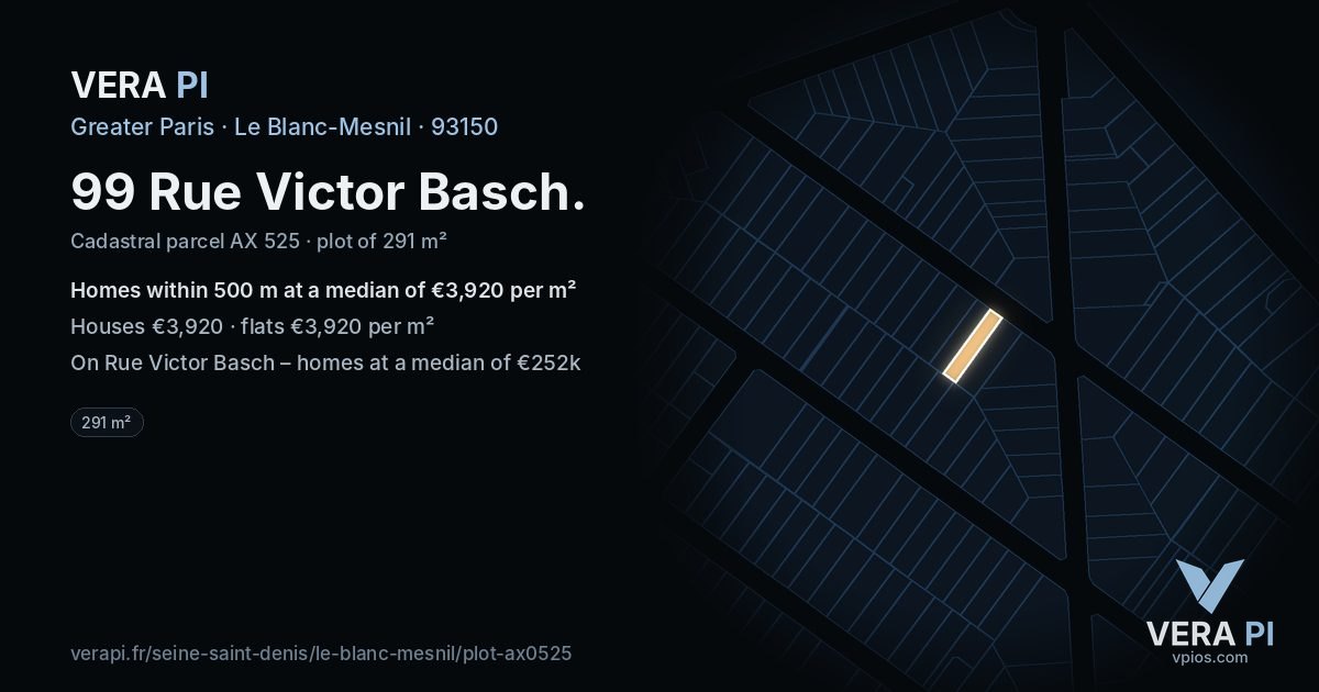 99 Rue Victor Basch, Le Blanc-Mesnil at night – the plot lit, the parcels around coloured by the prices near them