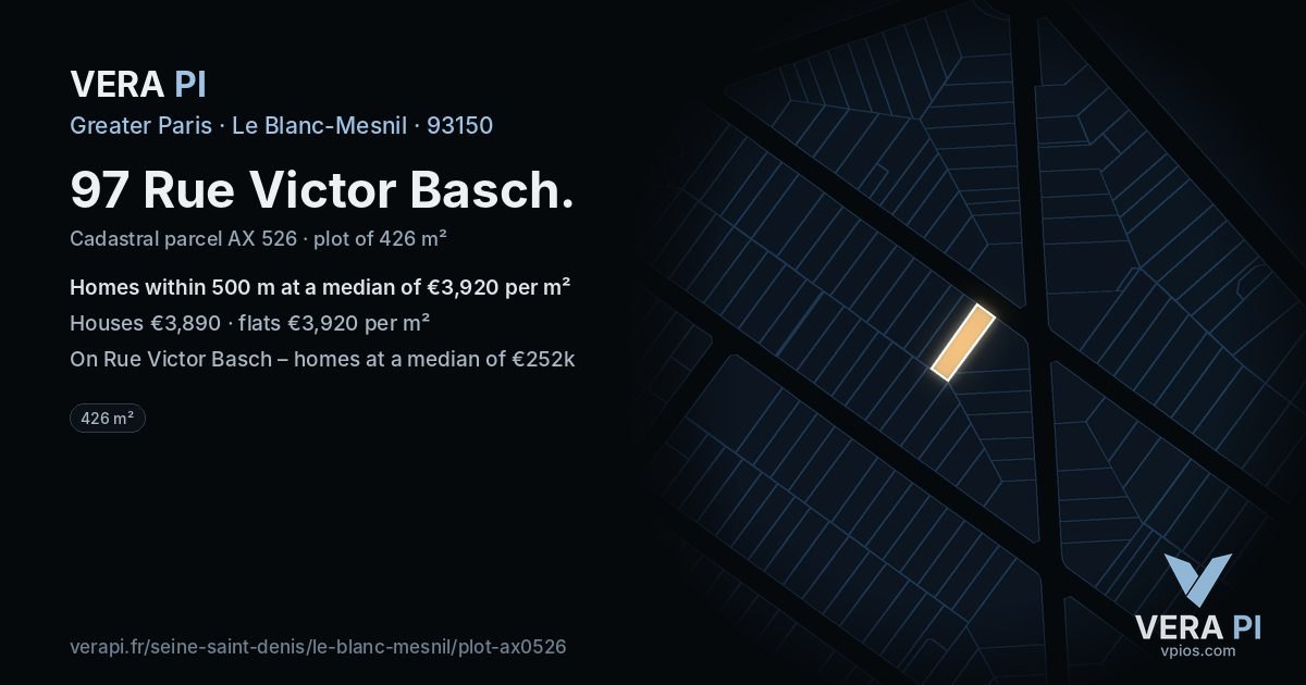 97 Rue Victor Basch, Le Blanc-Mesnil at night – the plot lit, the parcels around coloured by the prices near them