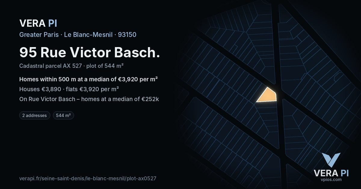 95 Rue Victor Basch, Le Blanc-Mesnil at night – the plot lit, the parcels around coloured by the prices near them