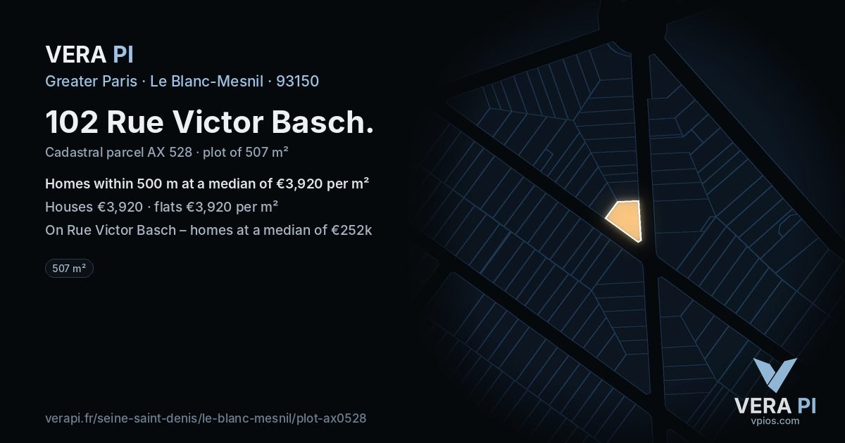 102 Rue Victor Basch, Le Blanc-Mesnil at night – the plot lit, the parcels around coloured by the prices near them