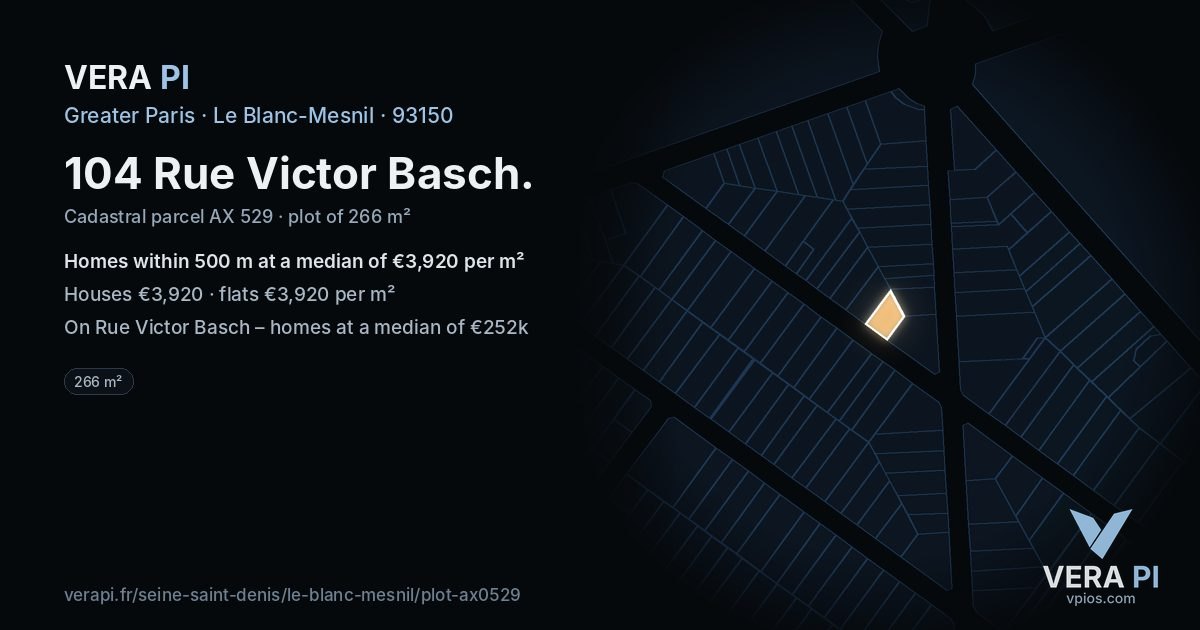 104 Rue Victor Basch, Le Blanc-Mesnil at night – the plot lit, the parcels around coloured by the prices near them