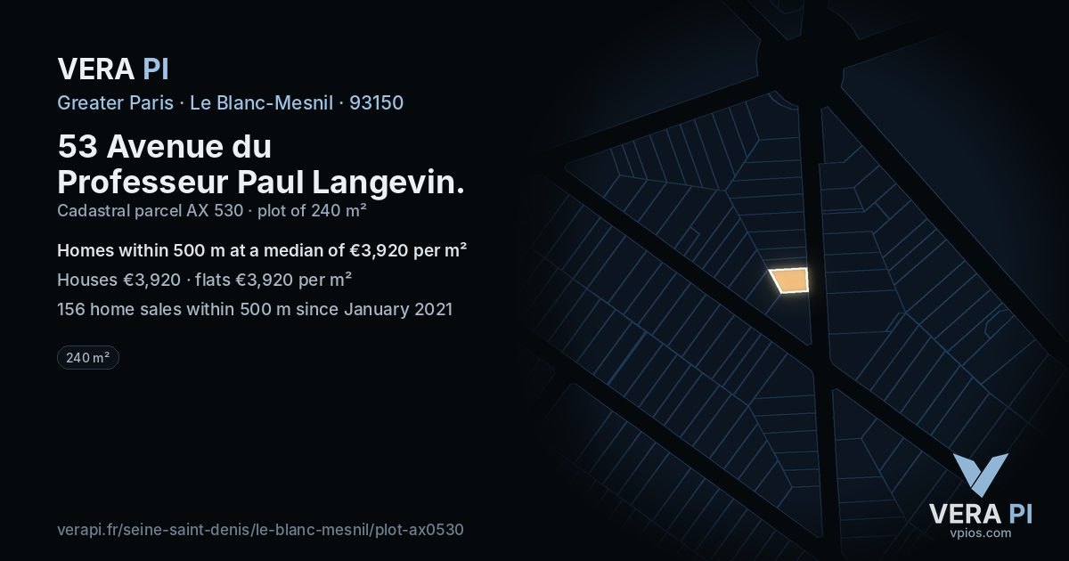 53 Avenue du Professeur Paul Langevin, Le Blanc-Mesnil at night – the plot lit, the parcels around coloured by the prices near them
