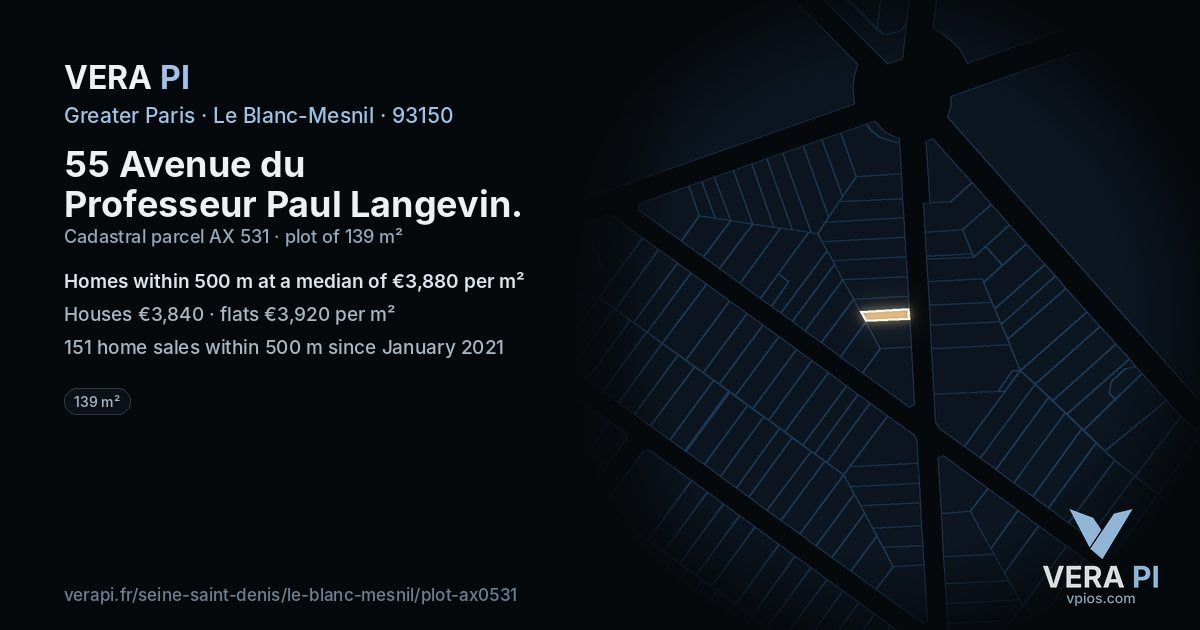 55 Avenue du Professeur Paul Langevin, Le Blanc-Mesnil at night – the plot lit, the parcels around coloured by the prices near them