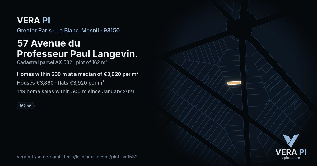 57 Avenue du Professeur Paul Langevin, Le Blanc-Mesnil at night – the plot lit, the parcels around coloured by the prices near them