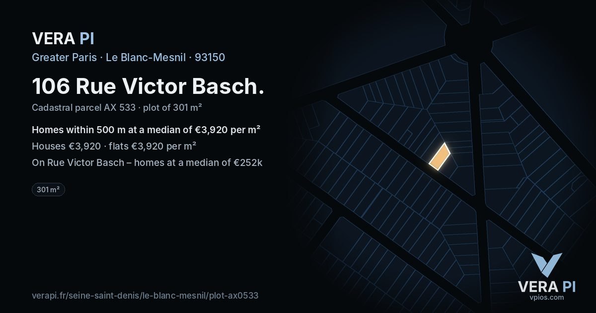 106 Rue Victor Basch, Le Blanc-Mesnil at night – the plot lit, the parcels around coloured by the prices near them