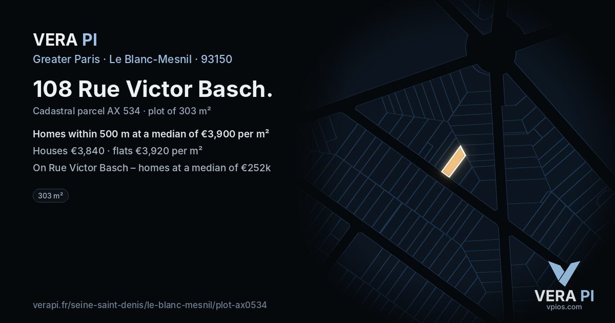 108 Rue Victor Basch, Le Blanc-Mesnil at night – the plot lit, the parcels around coloured by the prices near them
