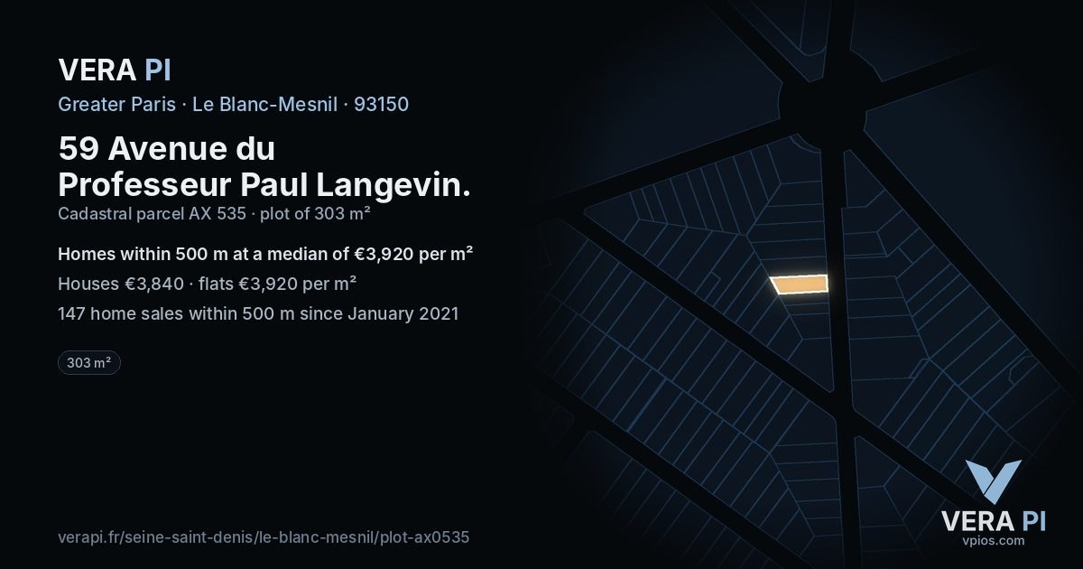 59 Avenue du Professeur Paul Langevin, Le Blanc-Mesnil at night – the plot lit, the parcels around coloured by the prices near them