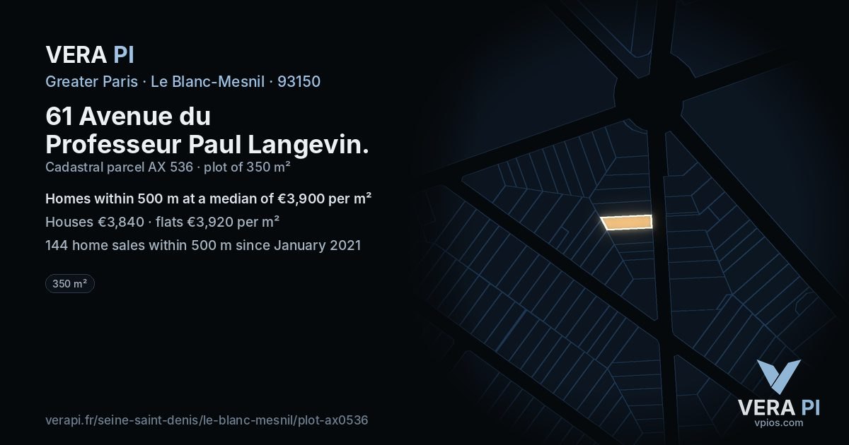 61 Avenue du Professeur Paul Langevin, Le Blanc-Mesnil at night – the plot lit, the parcels around coloured by the prices near them