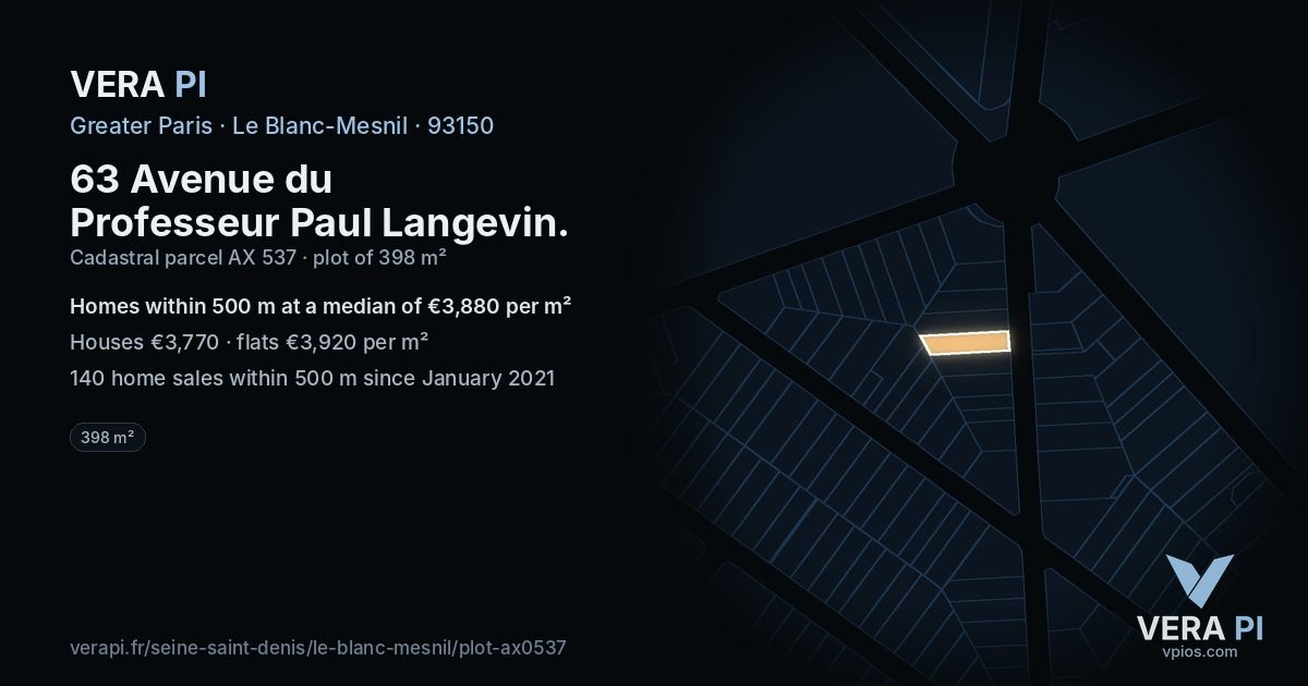 63 Avenue du Professeur Paul Langevin, Le Blanc-Mesnil at night – the plot lit, the parcels around coloured by the prices near them