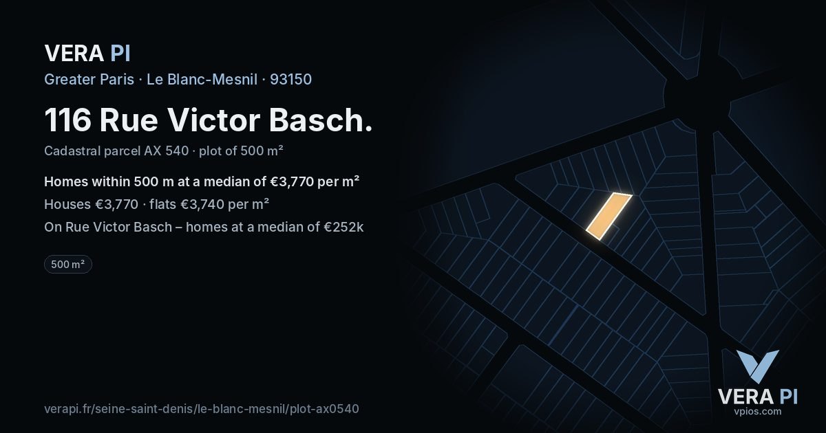 116 Rue Victor Basch, Le Blanc-Mesnil at night – the plot lit, the parcels around coloured by the prices near them